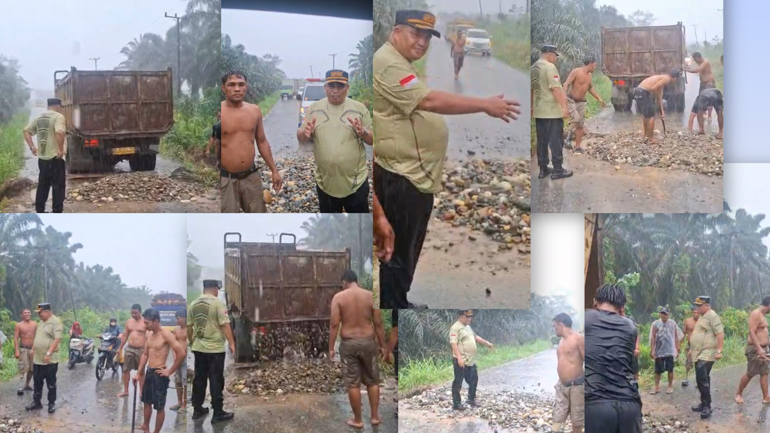 Hujan Tak Jadi Alasan, Abong Fendi dan Warga “Mandikan” Jalan Amblas dengan Koral