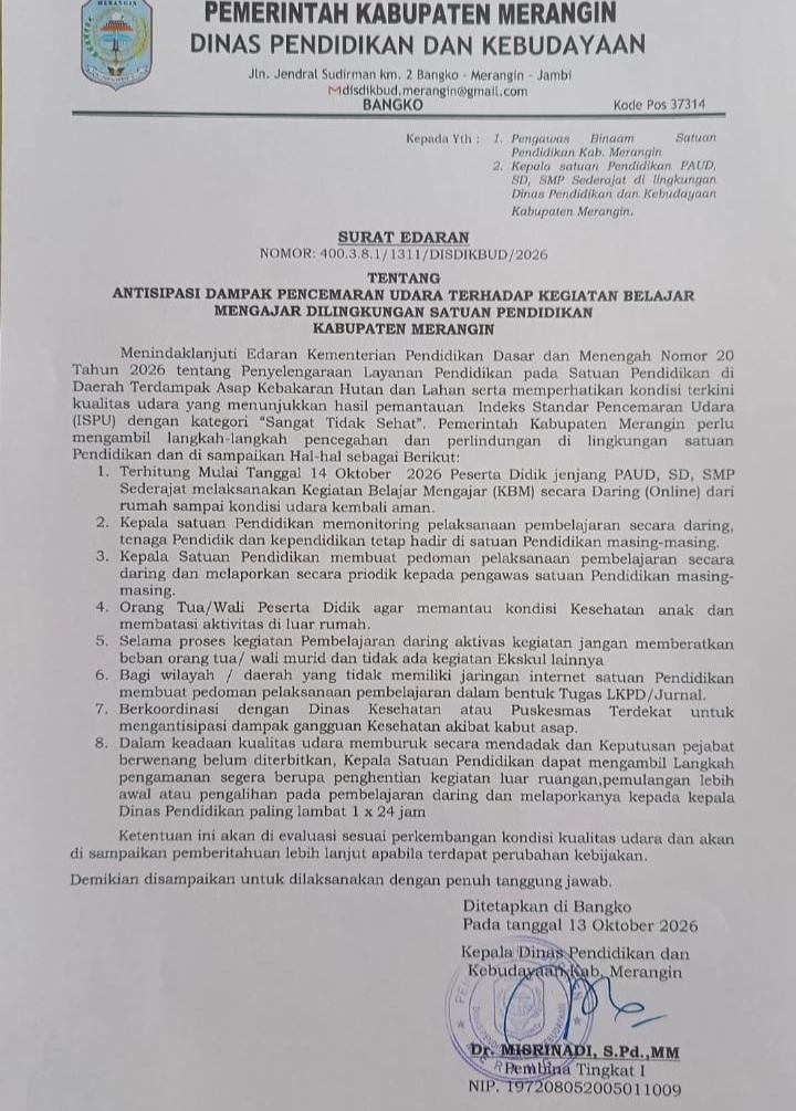 Kabut Asap Belum Reda, Dikbud Merangin Perpanjang Pembelajaran Daring Hingga Udara Kembali Aman